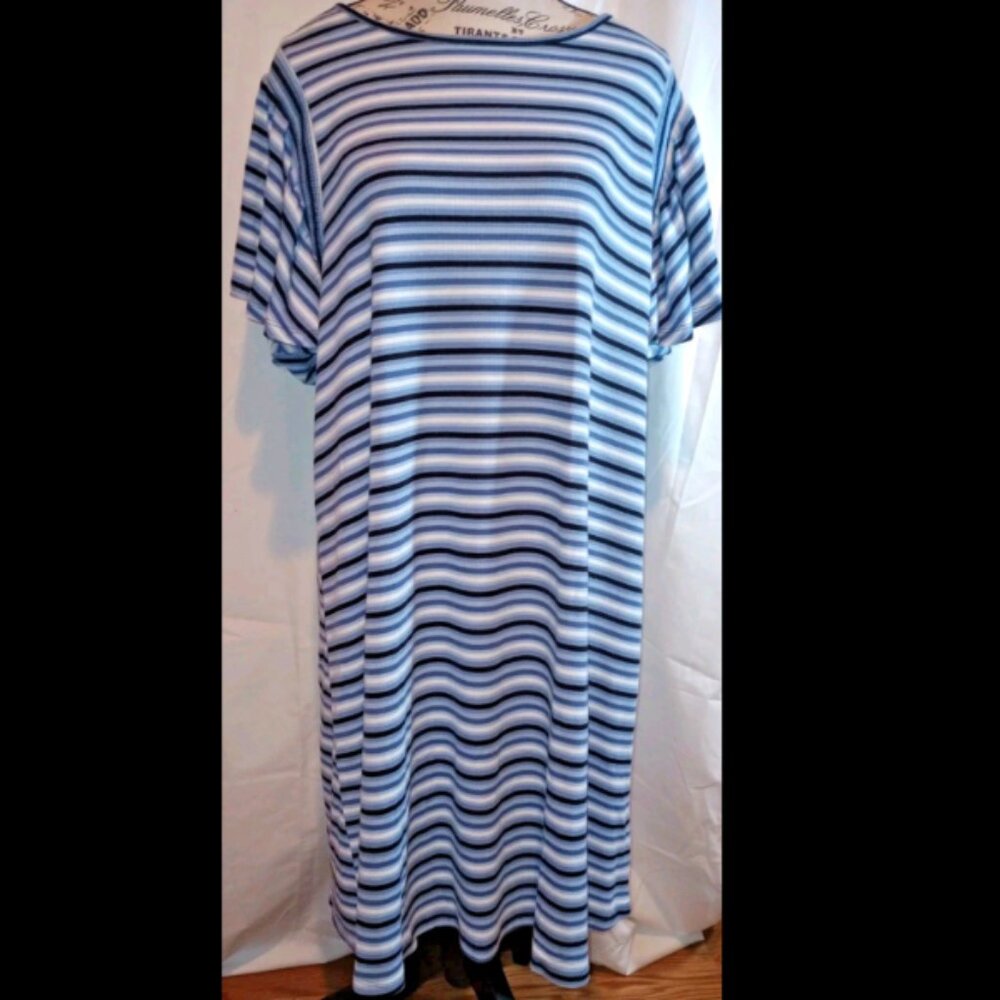 NWT Ecothreads Women's L Blue Striped T-Shirt Dress Recycled Knit Flutter Sleeve
